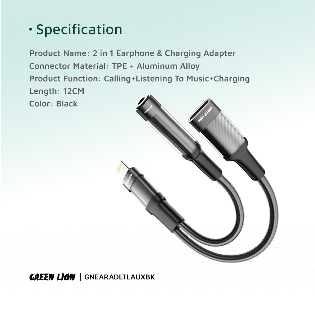 Green Lion 2 in 1 Earphone & Charging Adapter Lightning to Lightning + 3.5 12CM