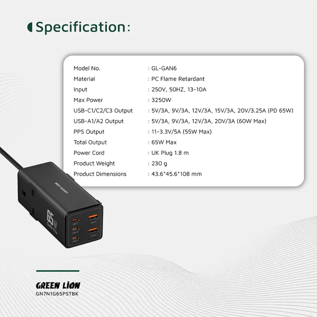Green Lion 7 In 1 GaN 65W Power Strip