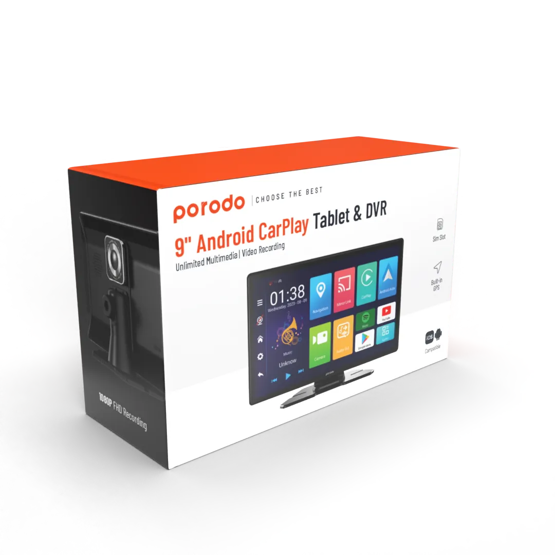 Porodo 9" Android Carplay Tablet & DVR Unlimited Multimedia & Video Recording