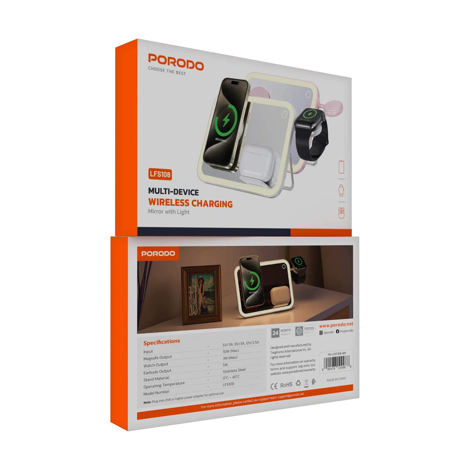 Porodo Multi-Device Wireless Charging Mirror With Lights