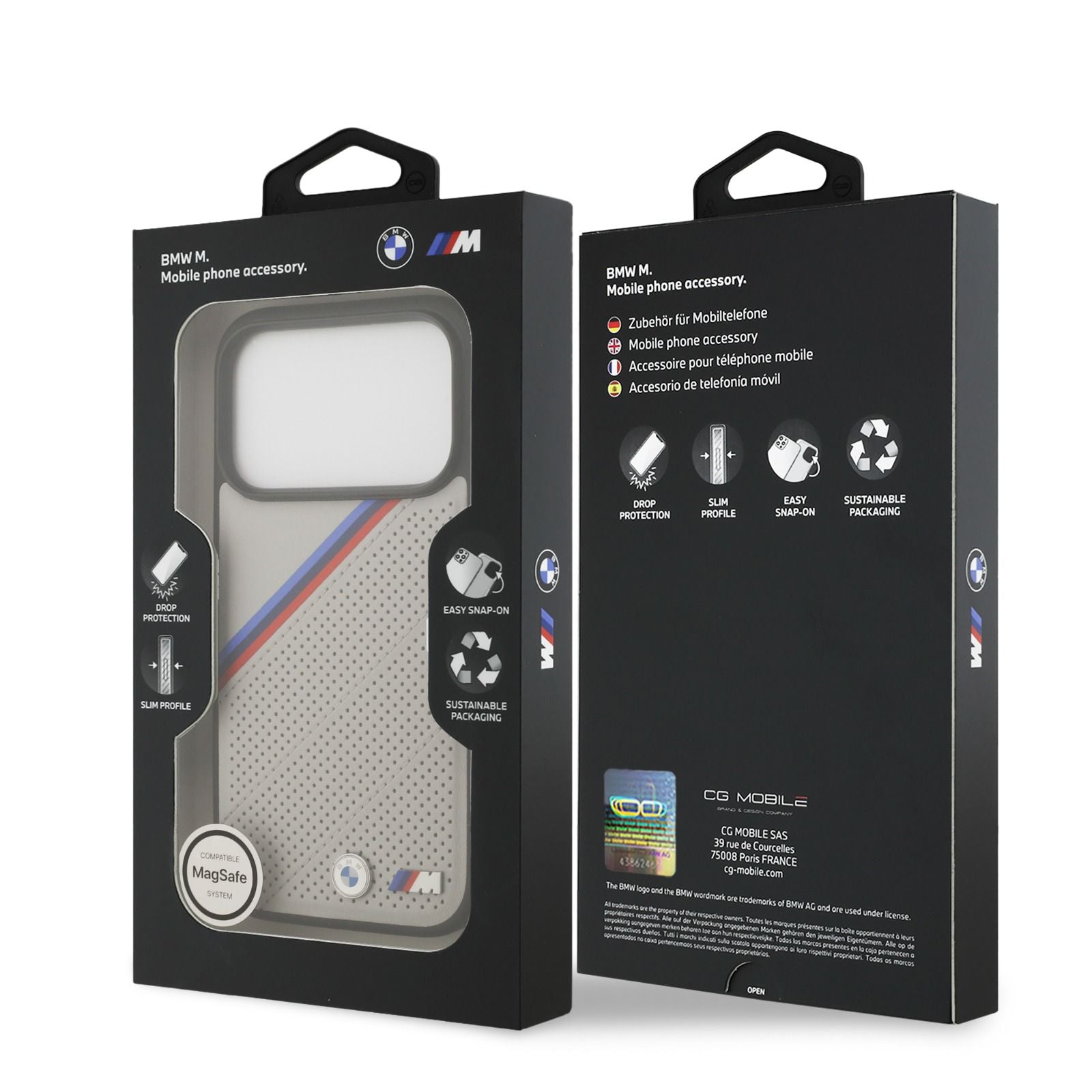 BMW MagSafe PU Leather Case With Tricolor Slanted Stripes & Metal Logos