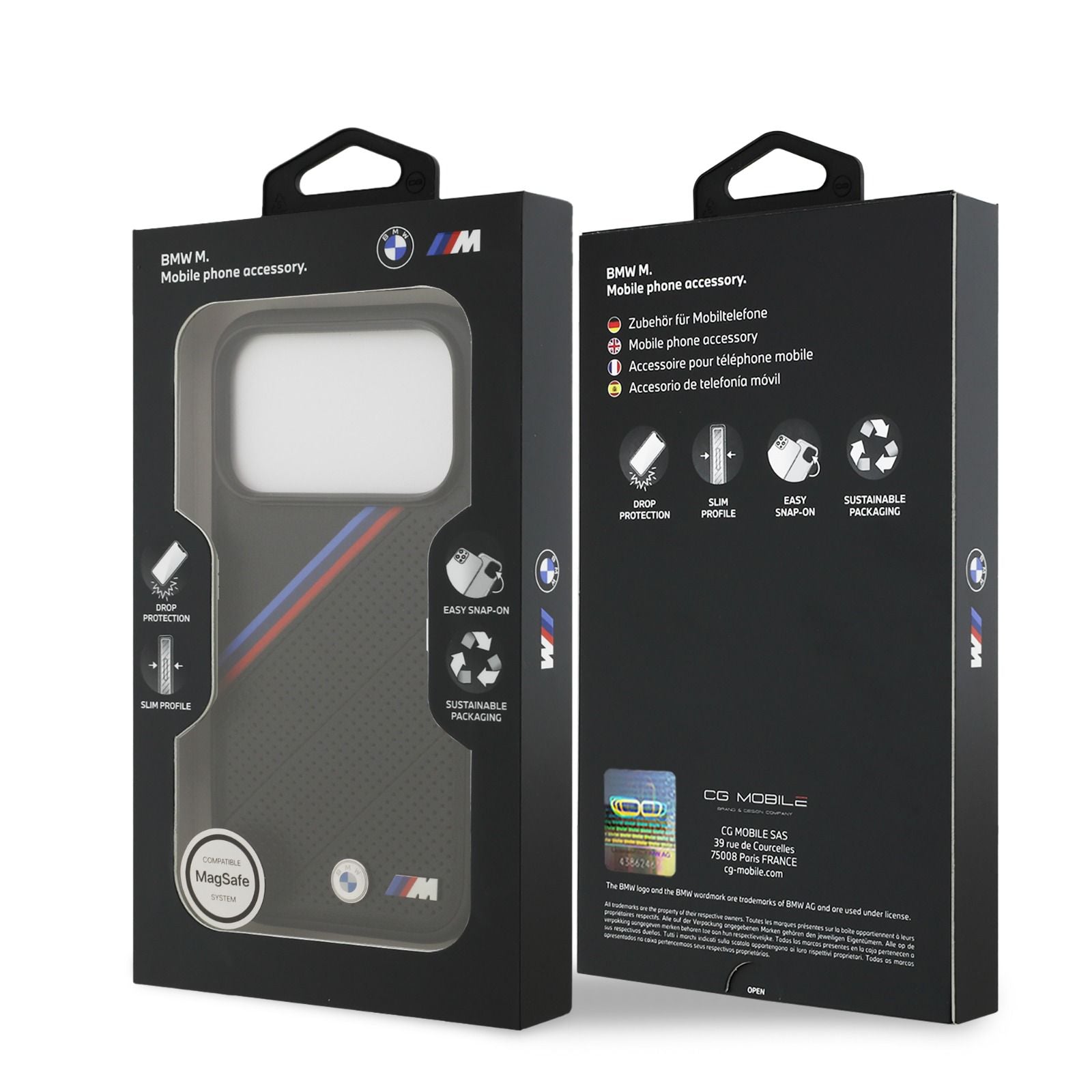 BMW MagSafe PU Leather Case With Tricolor Slanted Stripes & Metal Logos