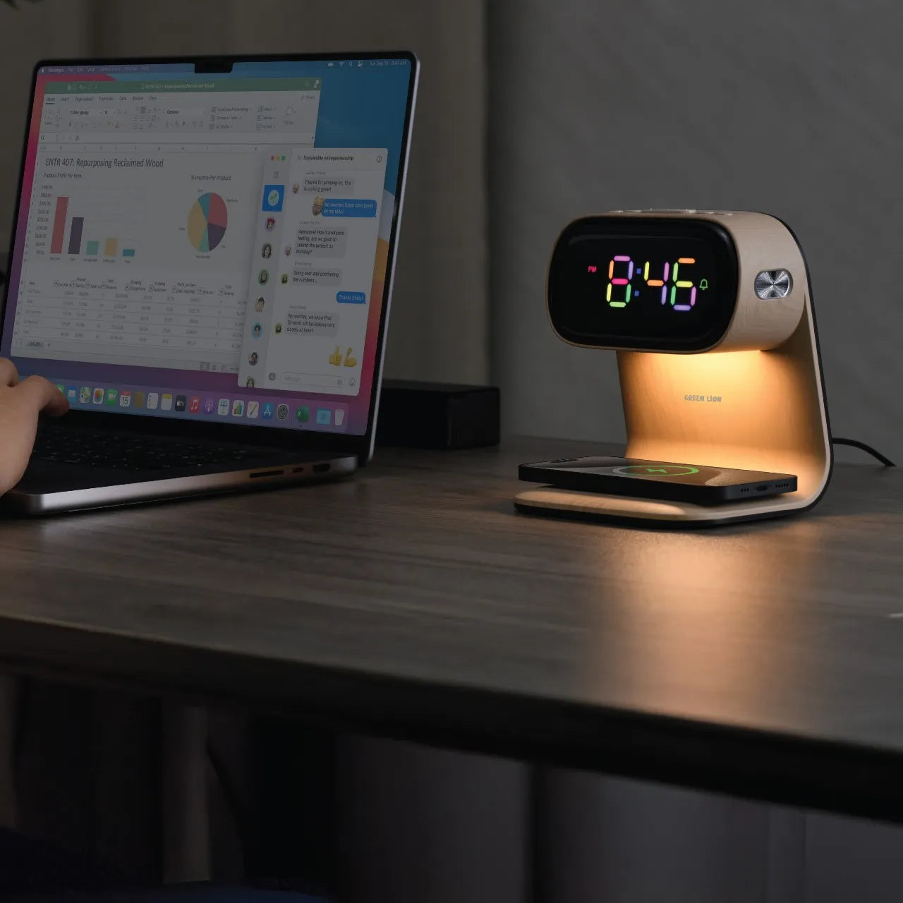 Green Lion Bedside Clock with Wireless Charger