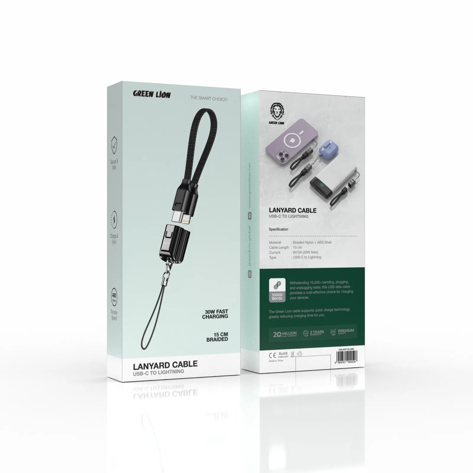Green Lion Lanyard Cable USB-C To Lightning 15cm Braided 30W