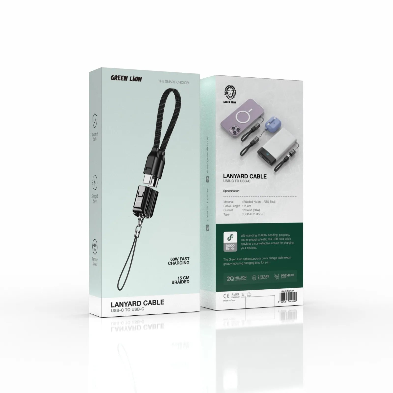 Green Lion Lanyard Cable USB-C To USB-C 15cm Braided 60W