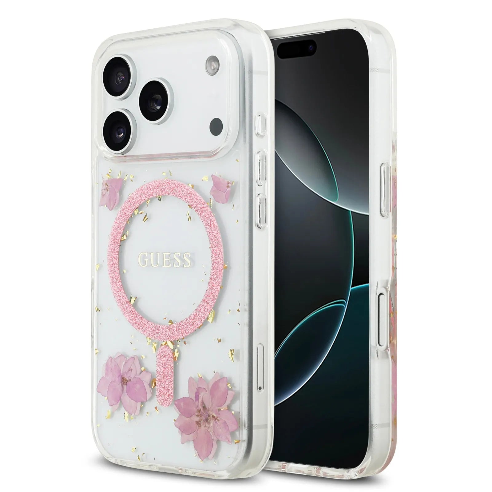 Guess MagSafe Resin Case With Flowers & Glitter Pattern