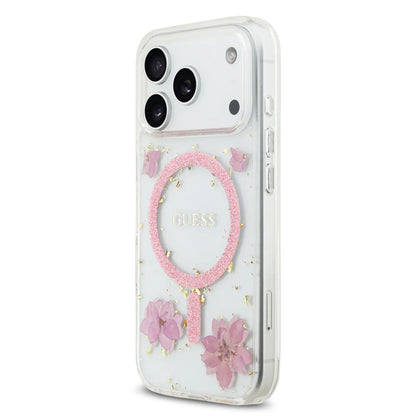 Guess MagSafe Resin Case With Flowers & Glitter Pattern