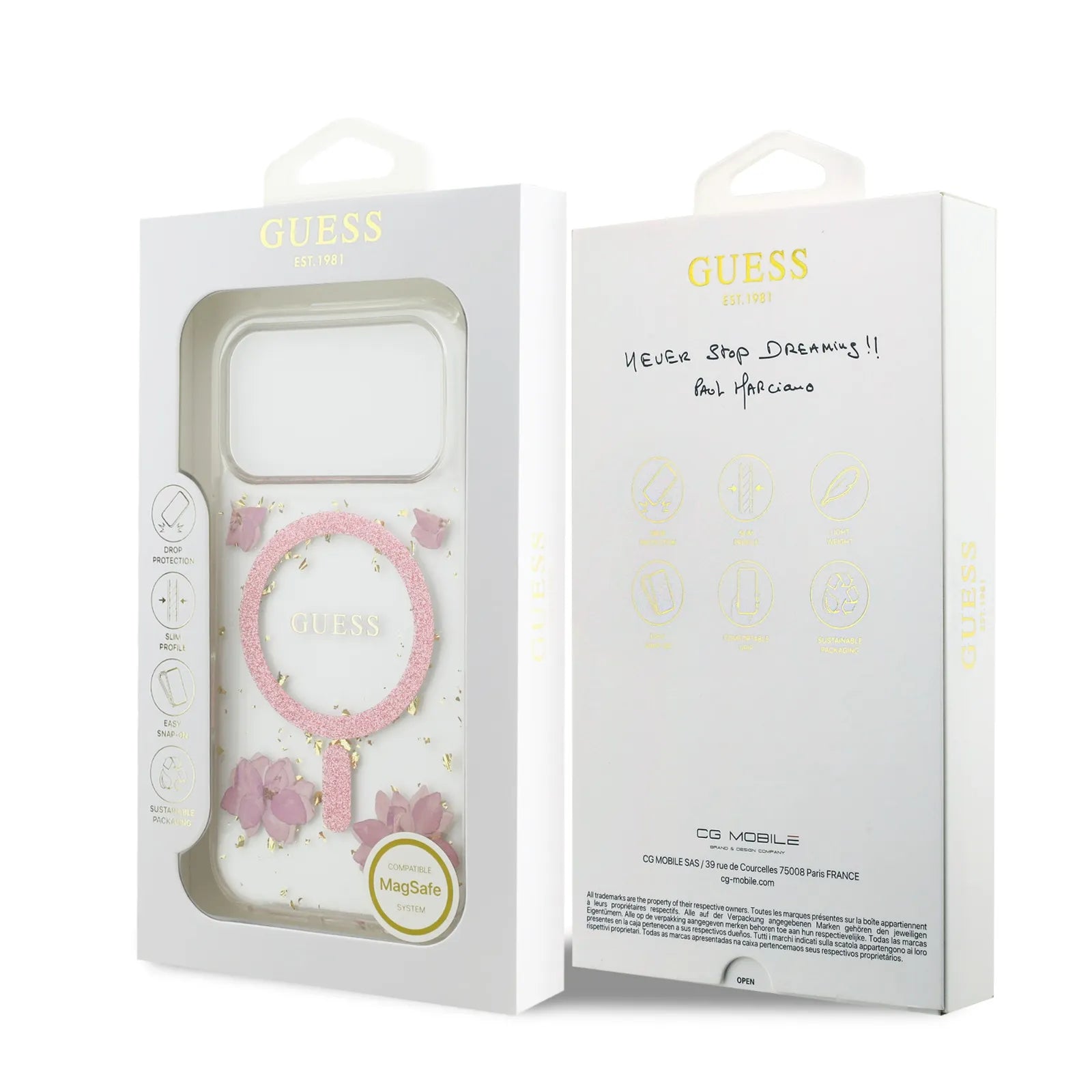 Guess MagSafe Resin Case With Flowers & Glitter Pattern