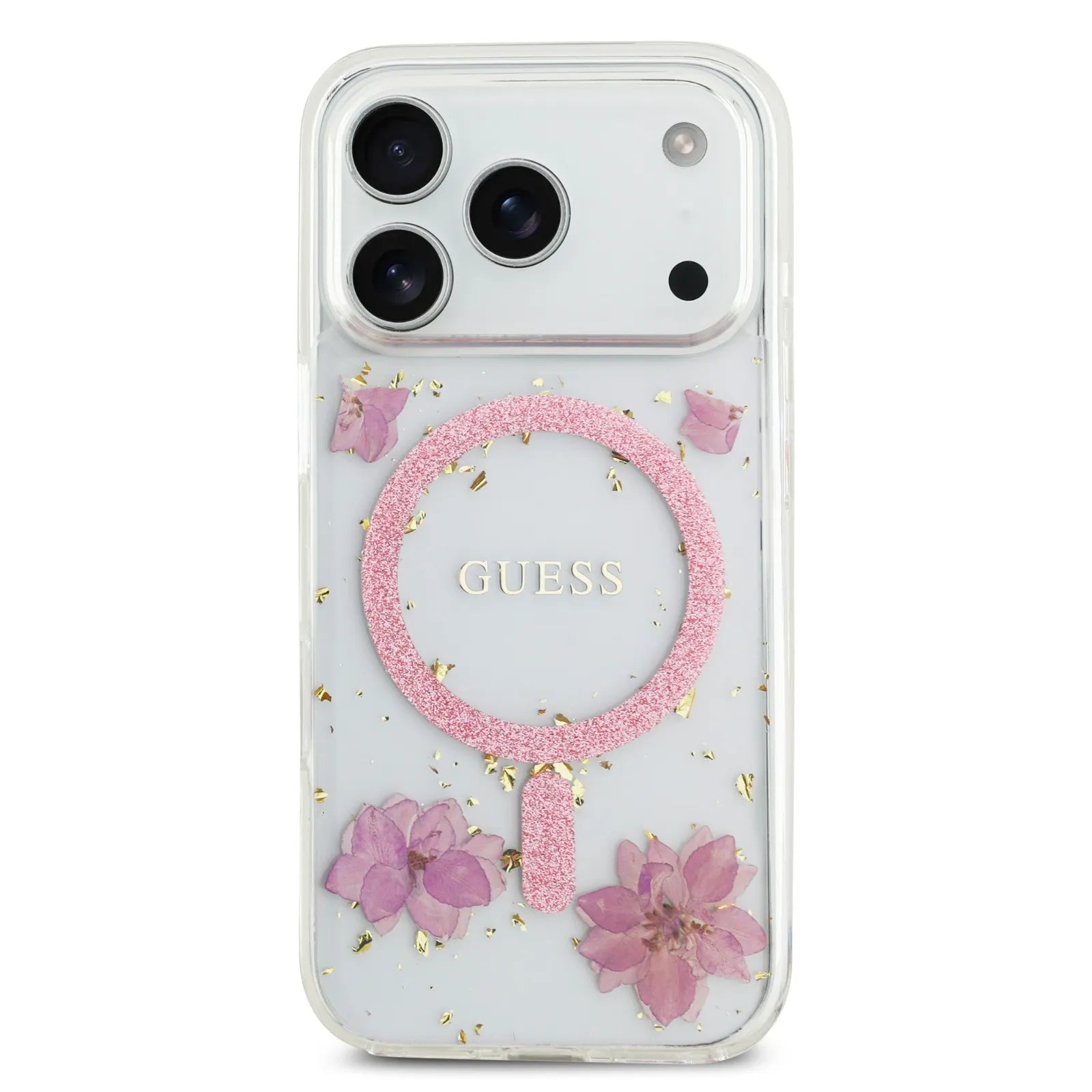 Guess MagSafe Resin Case With Flowers & Glitter Pattern