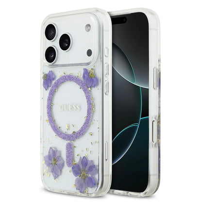 Guess MagSafe Resin Case With Flowers & Glitter Pattern