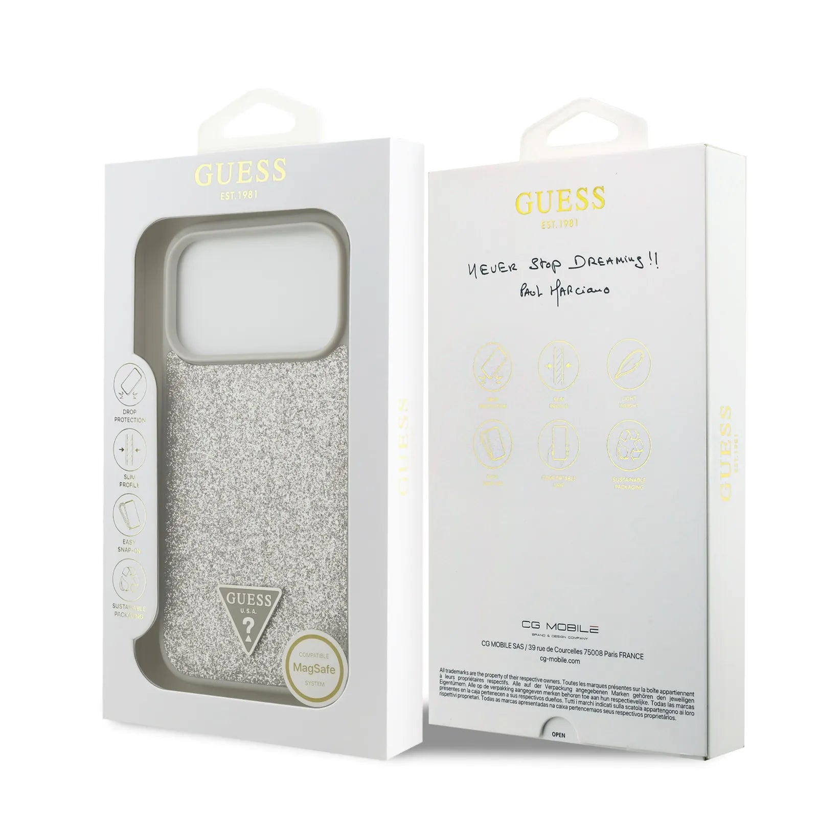 Guess MagSafe PU Leather Fixed Glitter Case With Triangle Logo
