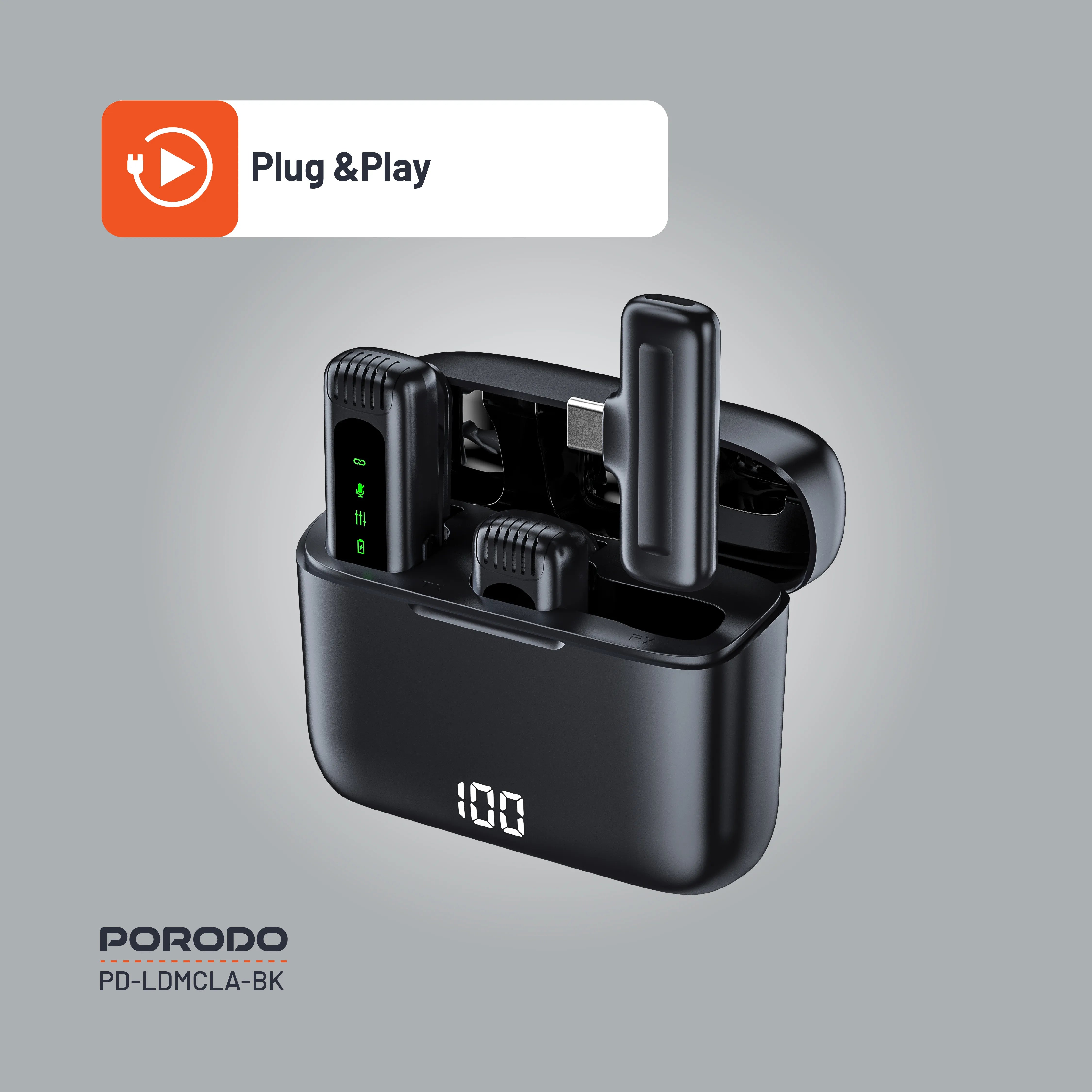 Porodo Lavalier Double Microphone with Charging Case