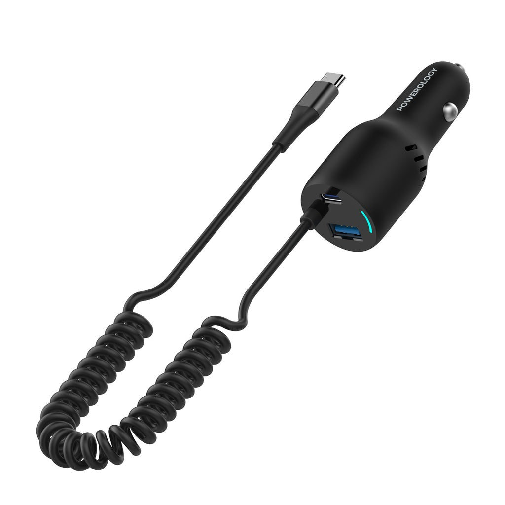 شاحن سيارة Powerology PD45W+QC18W+Type CCable 35W LED ثنائي المنافذ مع كابل ملفوف